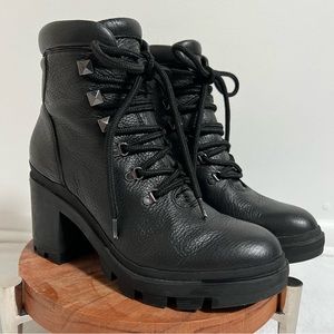 Marc Fisher Kini Black Leather Block Heel Boot Lace Up Moto Lug Sole Women’s 7